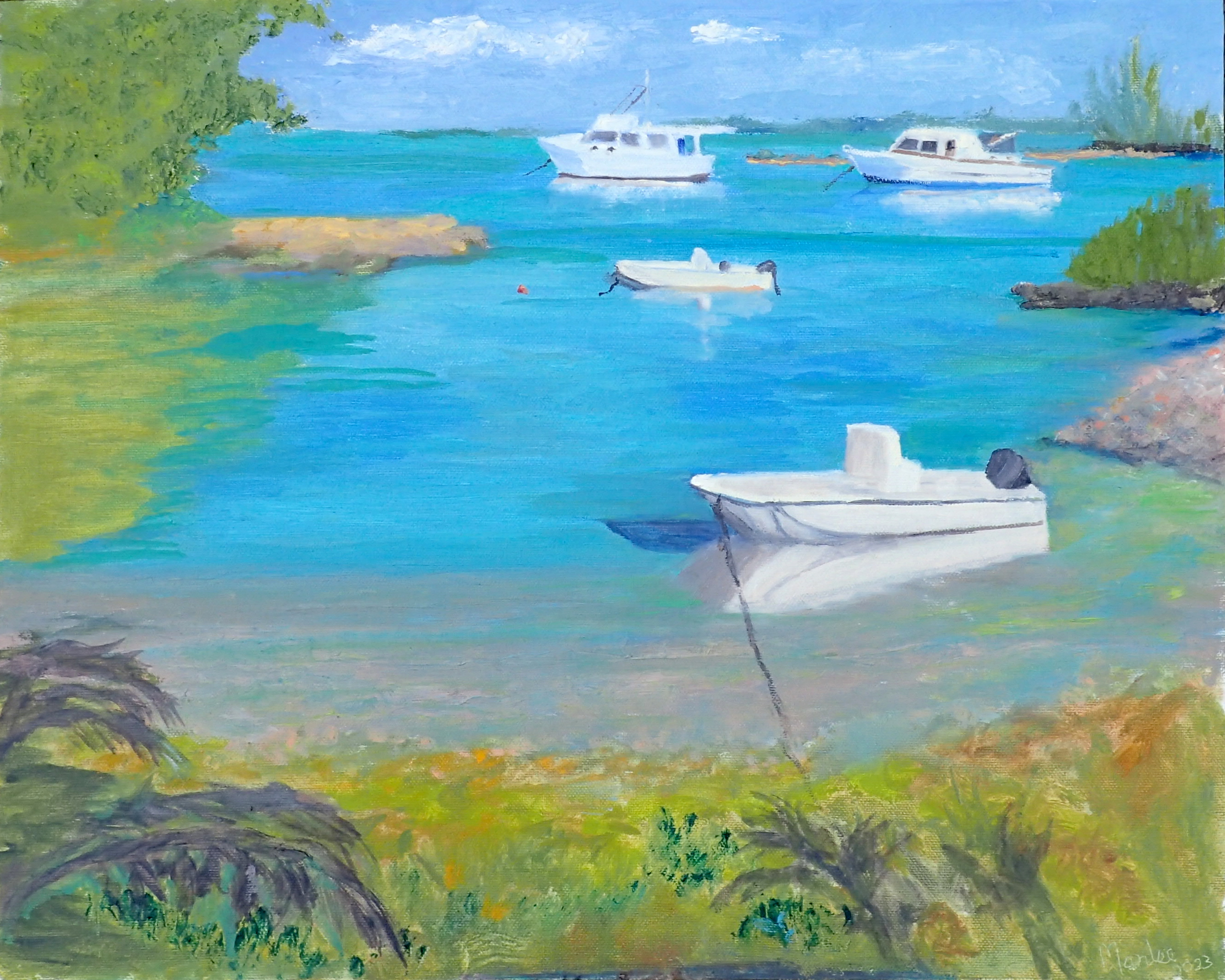 Original oil on wood backed canvas.  This harbour at a North Abaco village has always held my interest.  The village is warm and welcoming to cruisers who find a friendly fuel depot, restaurant and th